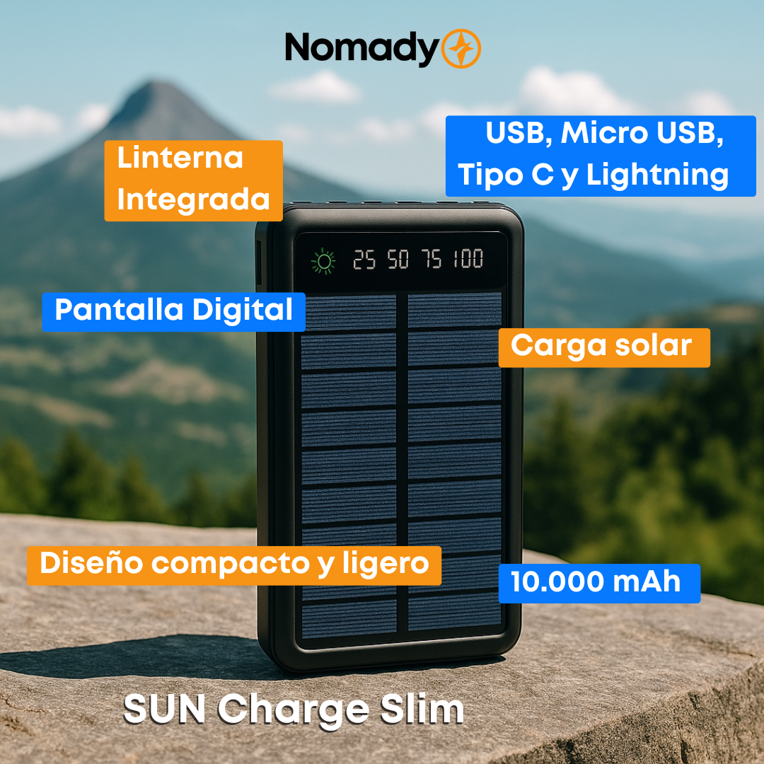 SUN Charge Slim + 🎁 4 Cables de Carga (USB, Tipo C, Micro USB y Lightning) + 🎁 eBook "Energía Nómada sin Límites"