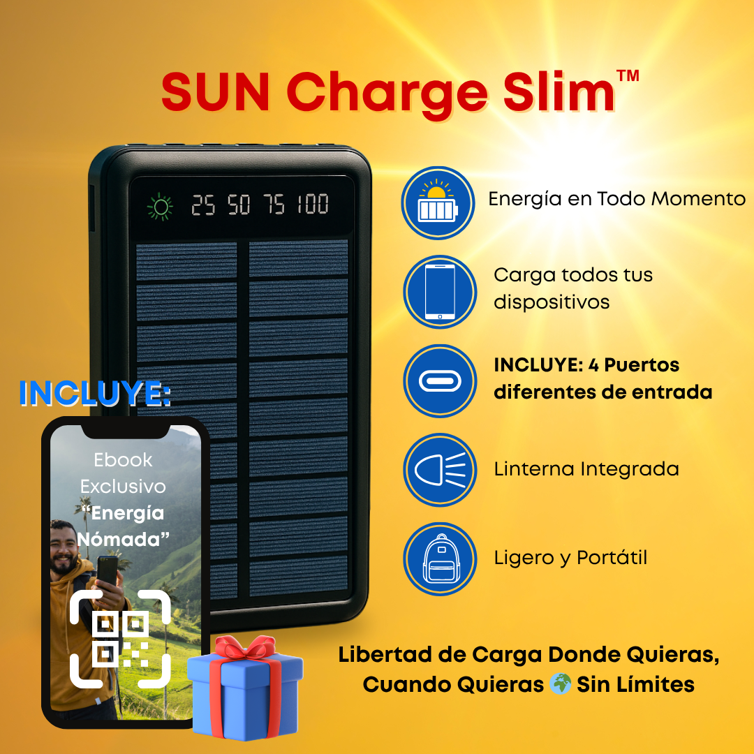 SUN Charge Slim + 🎁 4 Cables de Carga (USB, Tipo C, Micro USB y Lightning) + 🎁 eBook "Energía Nómada sin Límites"